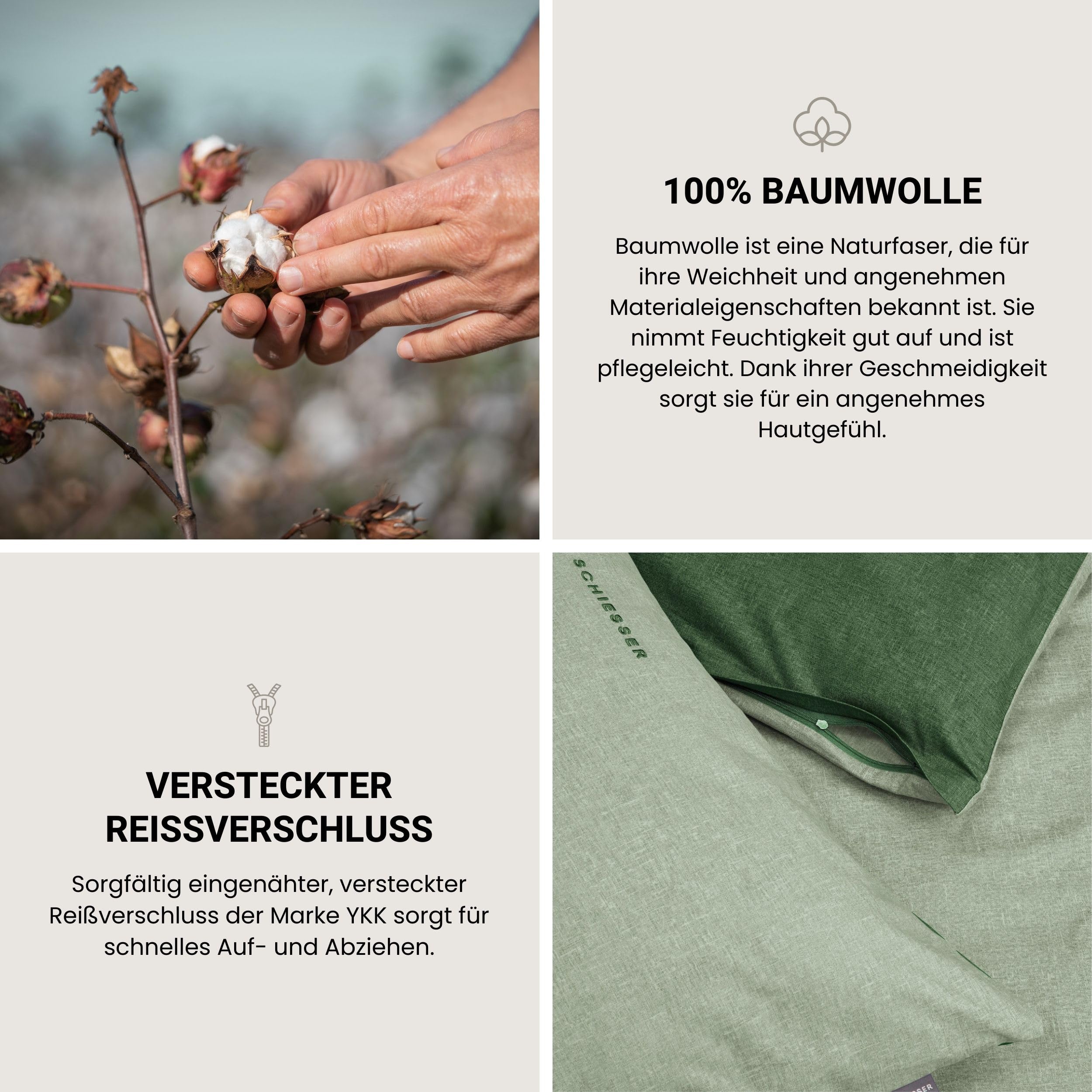 Schiesser Bettwäscheset Doubleface | Renforcé | 2-teilig | Zweifarbig | 100 % Baumwolle | Oeko-Tex® Made in Green Zertifiziert | YKK Reißverschluss | 135x200cm + 80x80cm | Grün