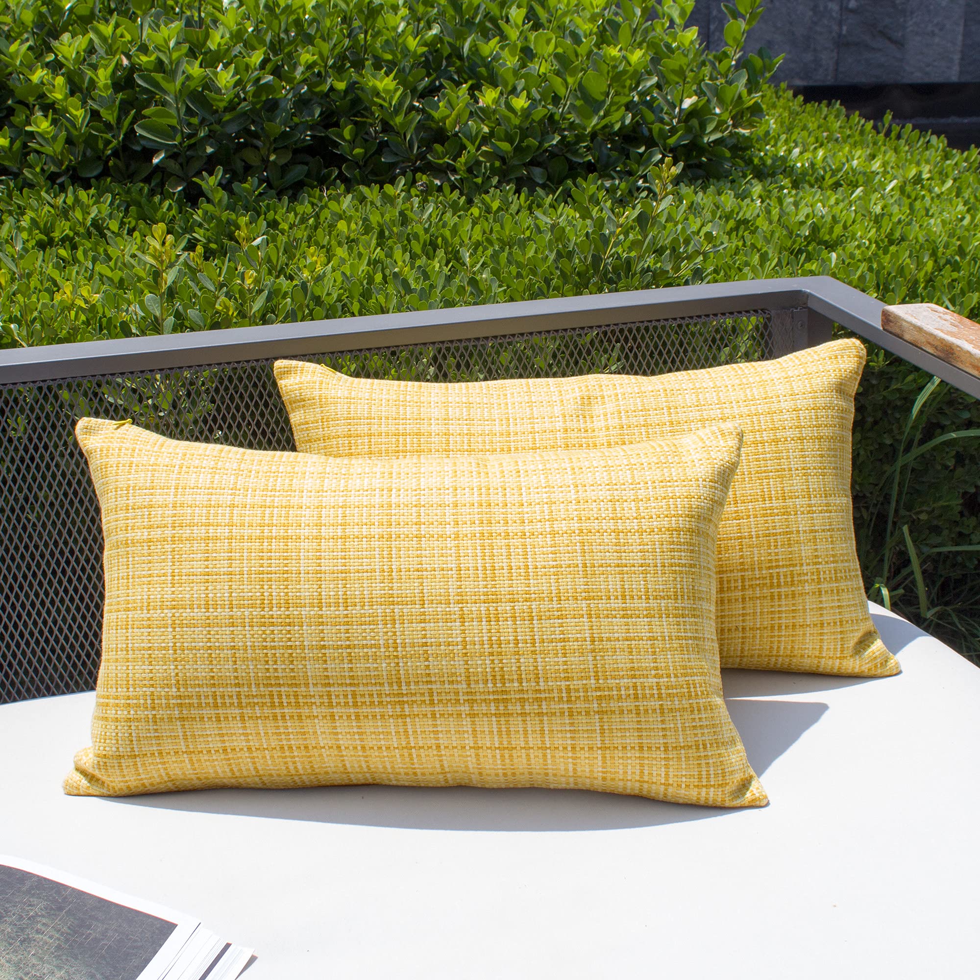 Kevin Textile Waterproof Cushion Covers 30x50 cm Set of 2 Outdoor Stripe Woven Texture Water Resistant Seat Cushions Cover 12x20 Inch for Garden Patio Balcony Couch Sofa Chair Seats, Yellow