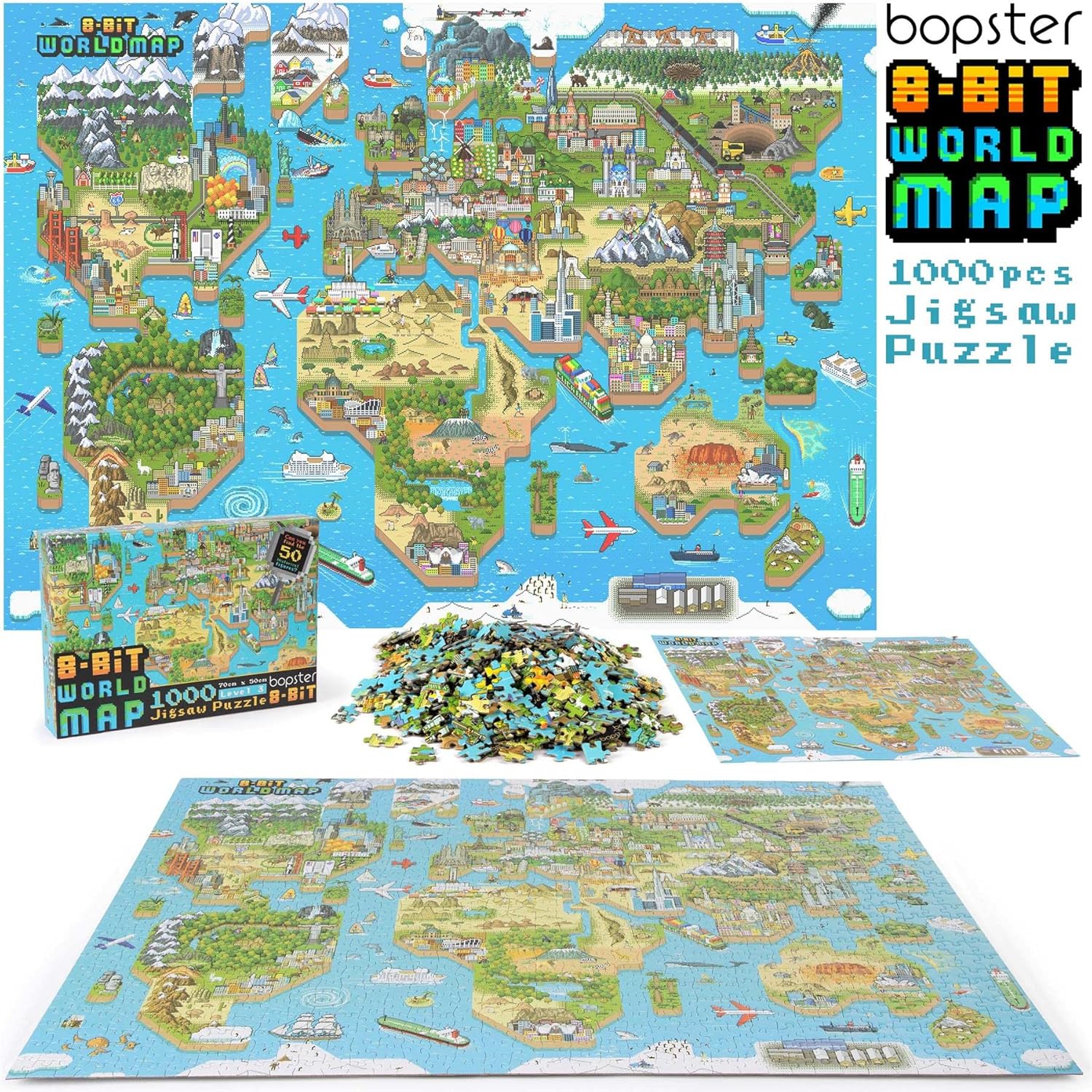 1000 Piece Puzzle - World Map Adult Puzzles Retro Gaming Style 8-bit Jigsaw Puzzles 1000 Pieces for Adults and Kids with 50 Famous People to Find! Made Using 100% Recycled Cardboard - by bopster