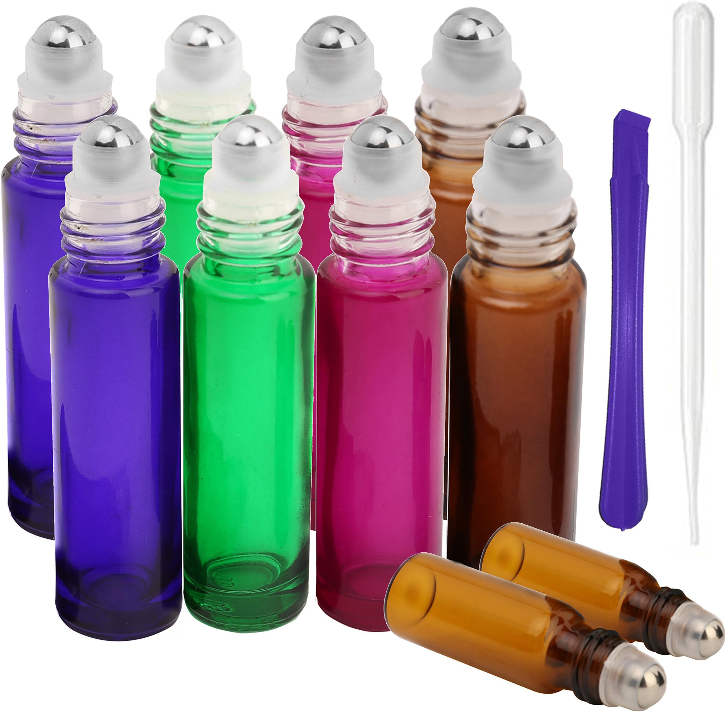 – 8, 10ml and 2, 5ml Glass Roller on Bottles with Stainless Steel Roller Ball - Refillable Essential Oil Roller Bottles with Lid Opener Pry Tool & 1 Transfer Pipette,for Aromatherapy,by JamHooDirect