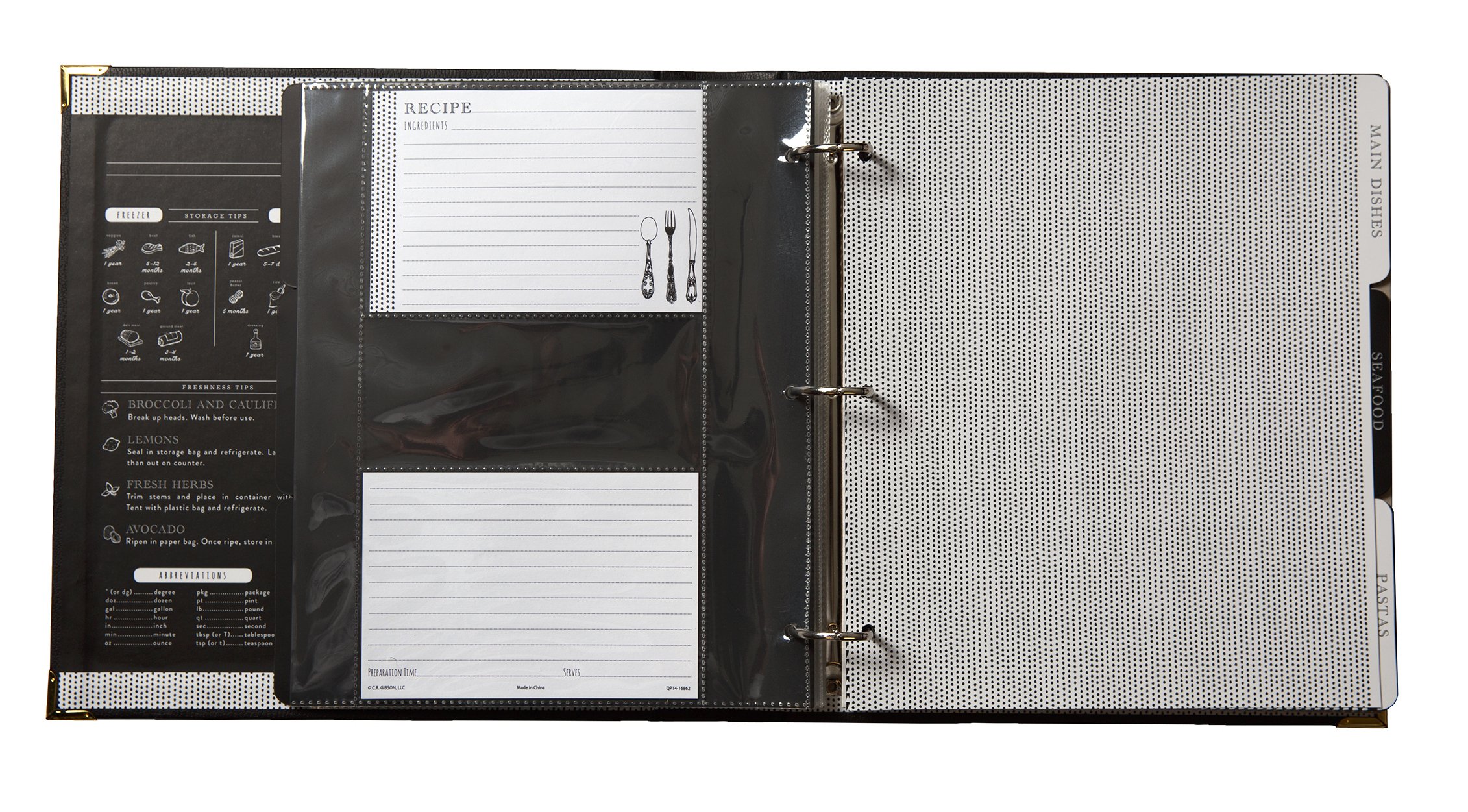 C.R. Gibson Black and Gold Faux Leather Recipe Book With Tabbed Dividers and Sheet Protectors, 11'' W x 11.88'' H - Image 2