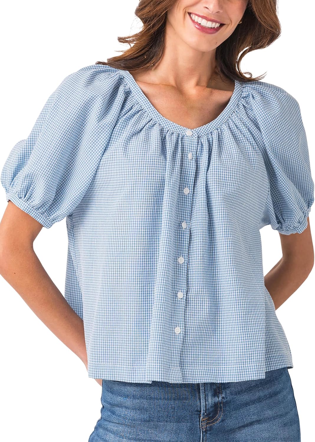 Tanming Womens Summer Plaid Button Down Shirts Short Puff Sleeve Cotton Crew Neck Gingham Blouses Tops