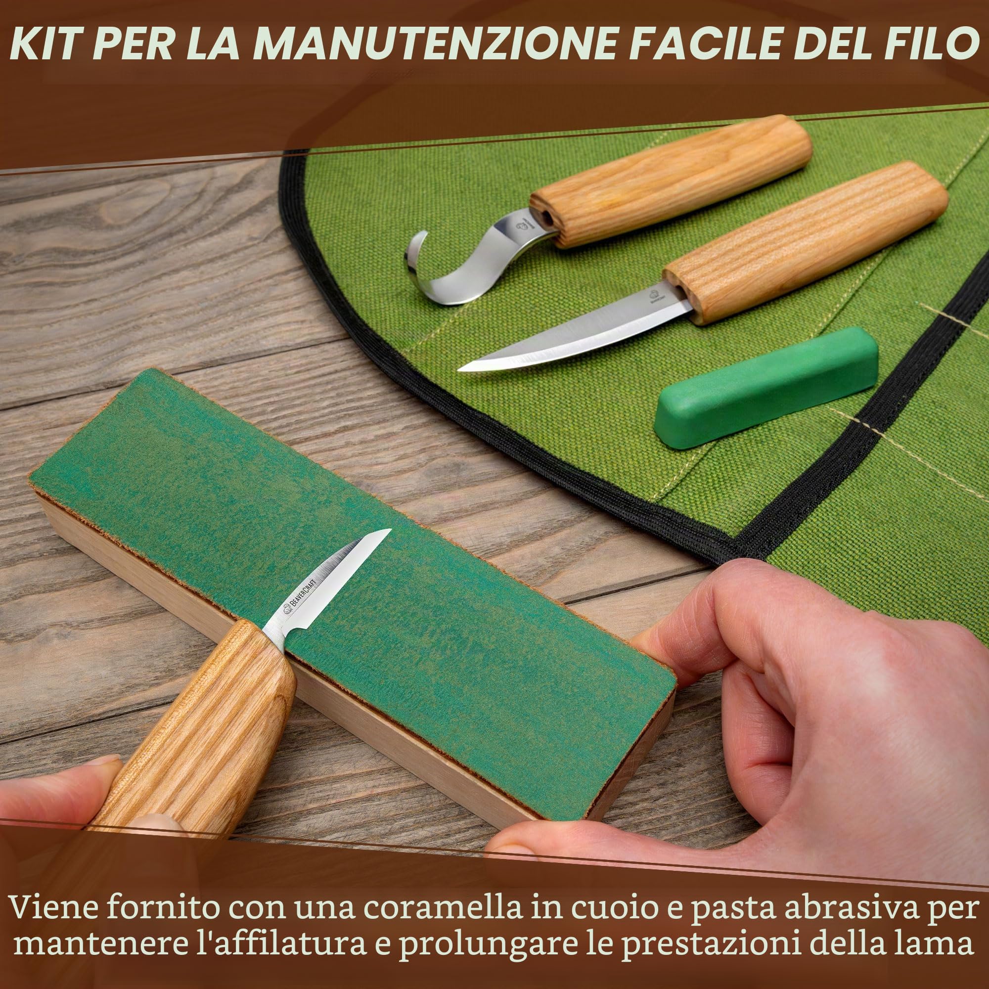 BeaverCraft S13 Kit per intaglio del legno con 3 coltelli - Set utensili per cucchiai, scultura e falegnameria, per principianti destrimani, con coltello a uncino