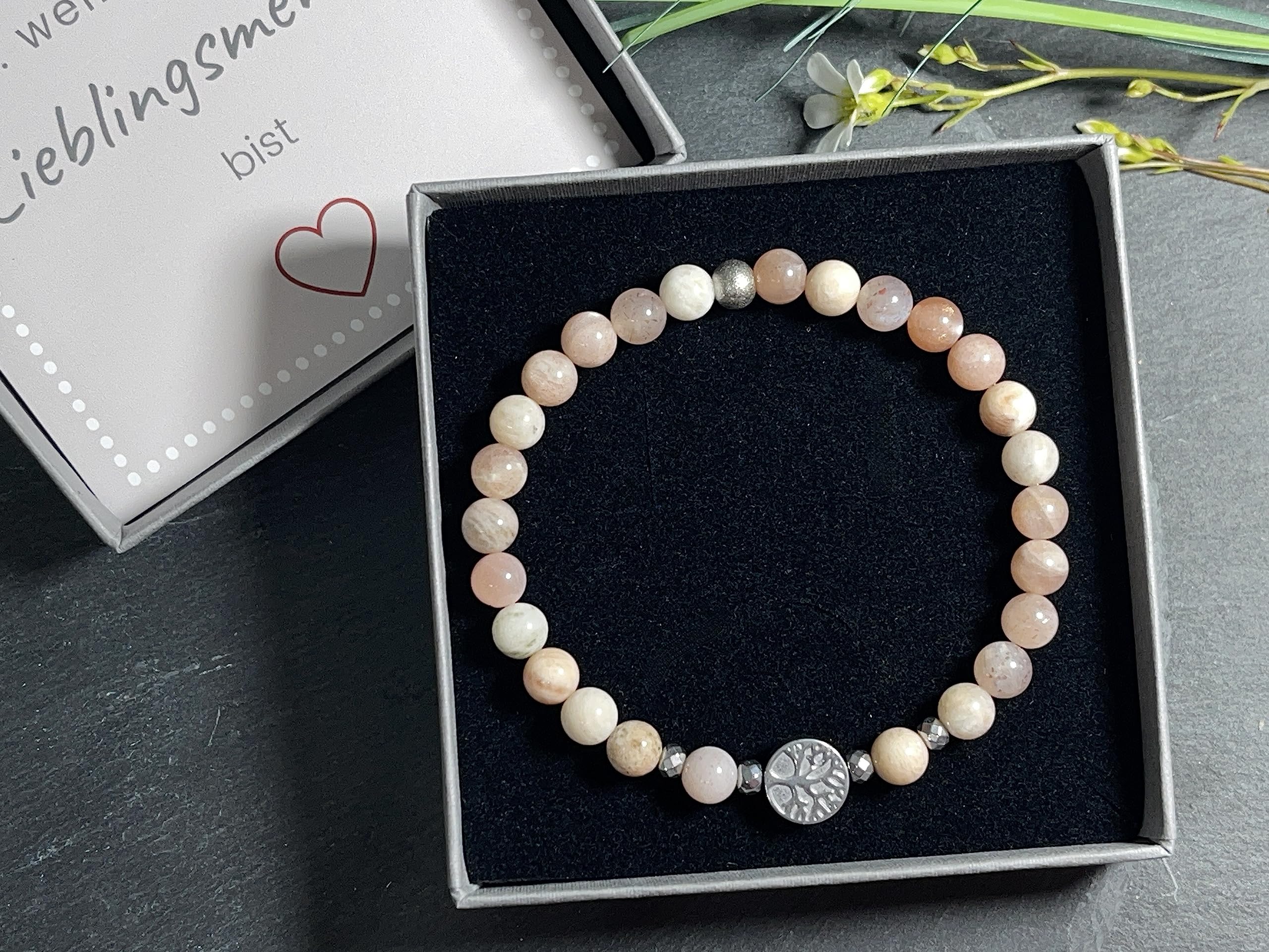 Mondstein Sonnenstein Mix Armband Perlen echt 6mm Lebensbaum Hämatit Silber - Handmade Perlenarmband Weiblichkeit Herzenswärme - Spiritueller Schmuck Unisex - Personalisierbar
