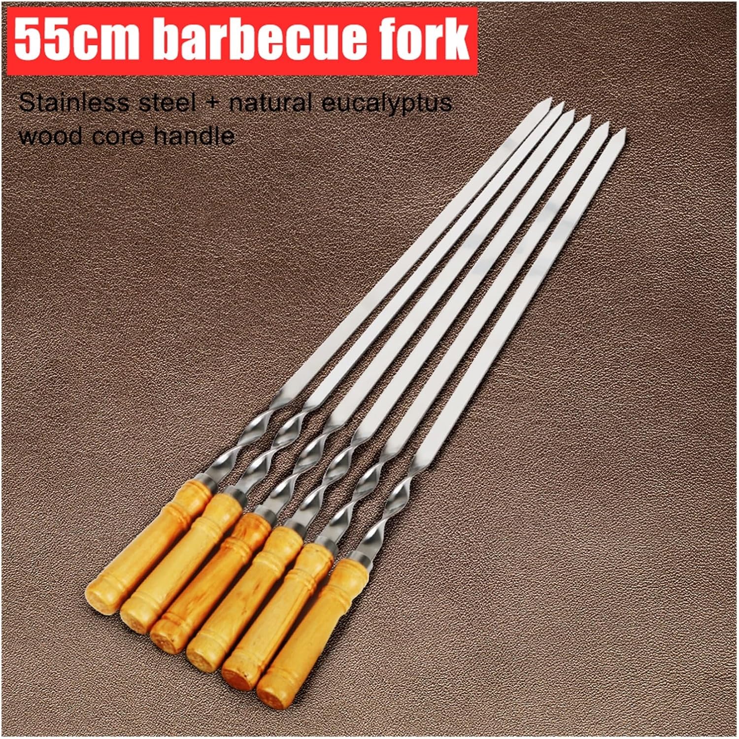 6Pcs Long Handle Shish Kebab Wood BBQ Fork Stainless steel Outdoors Grill Needle Barbecue Grill Stick 55cm 21.65" BBQ Skewers