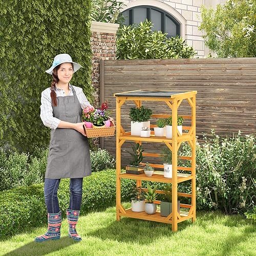 Miniatura 3 de Giantex Soporte para plantas con techo, estantes de almacenamiento al aire libre de 54 pulgadas, estante de madera de 3 niveles con techo de asfalto