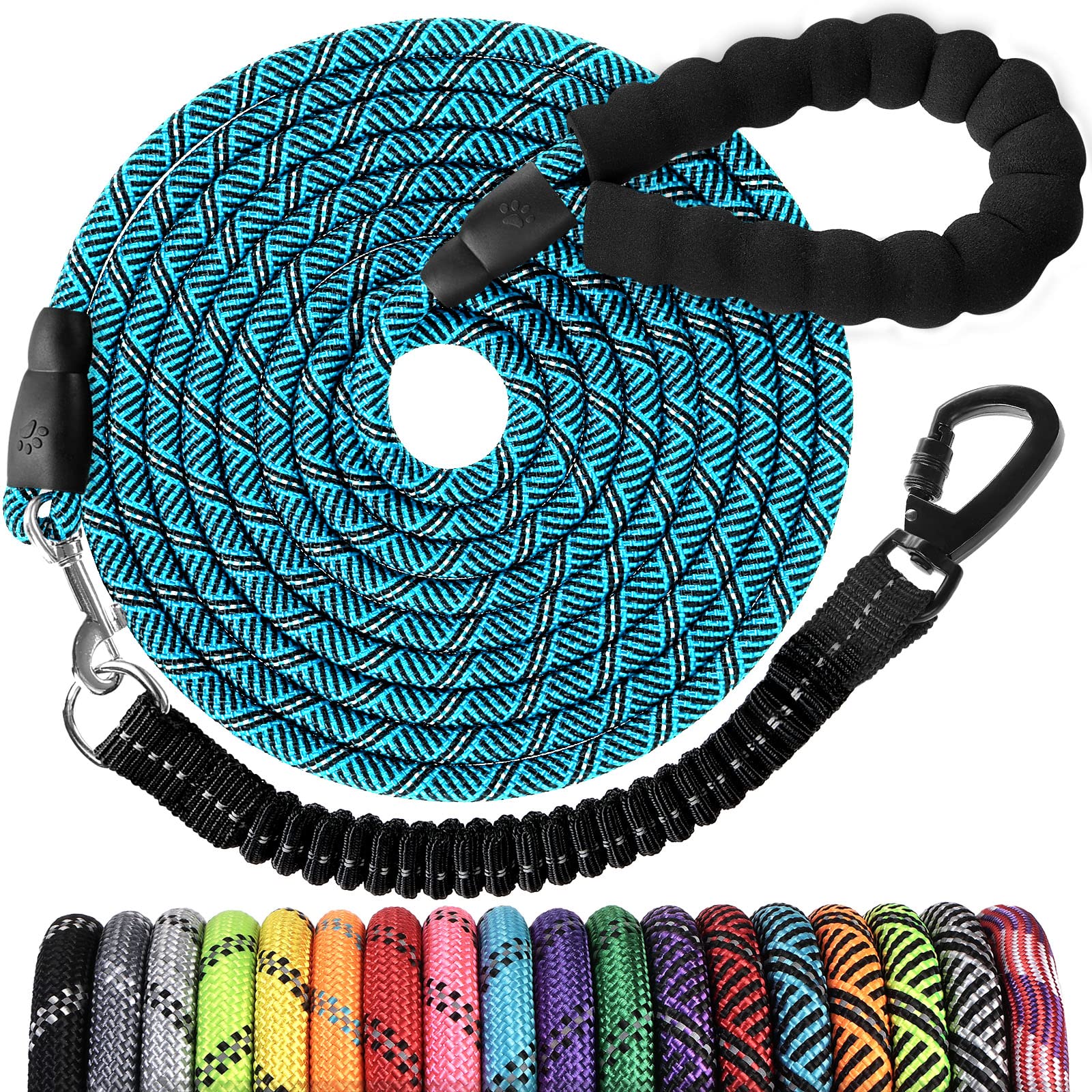 Correa Larga para Perro de 15 pies: Correas de Cuerda Resistentes para Entrenamiento de Perros con Gancho Giratorio con Bloqueo, Hilos Reflectantes elásticos y Mango Acolchado, Correa para Perro para