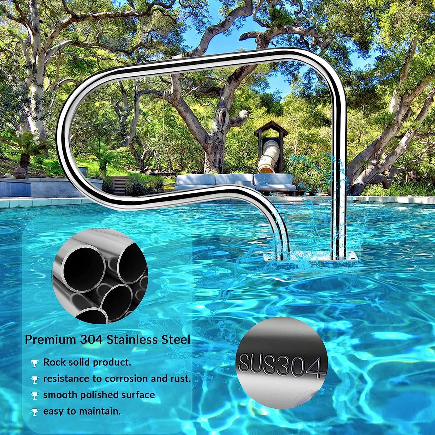 Rampe de Piscine en Acier Inoxydable, Rampe d'escalier pour Spa avec Base à Montage Rapide, rampes à 3 Coudes