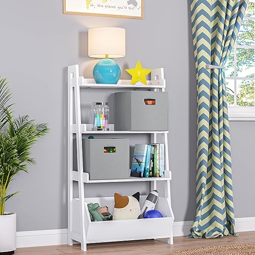 Miniatura 14 de RiverRidge Estante de escalera de 4 niveles de 24 pulgadas para niños con organizador de juguetes y 2 contenedores color gris pardo Blanco con 2