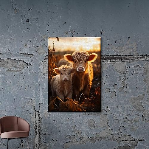 Highland Cow Wall Art, This Is Our Happy Place Inspirational Canvas Poster for Home, Long Haired Scottish Cow with White Flower Picture Farmhouse