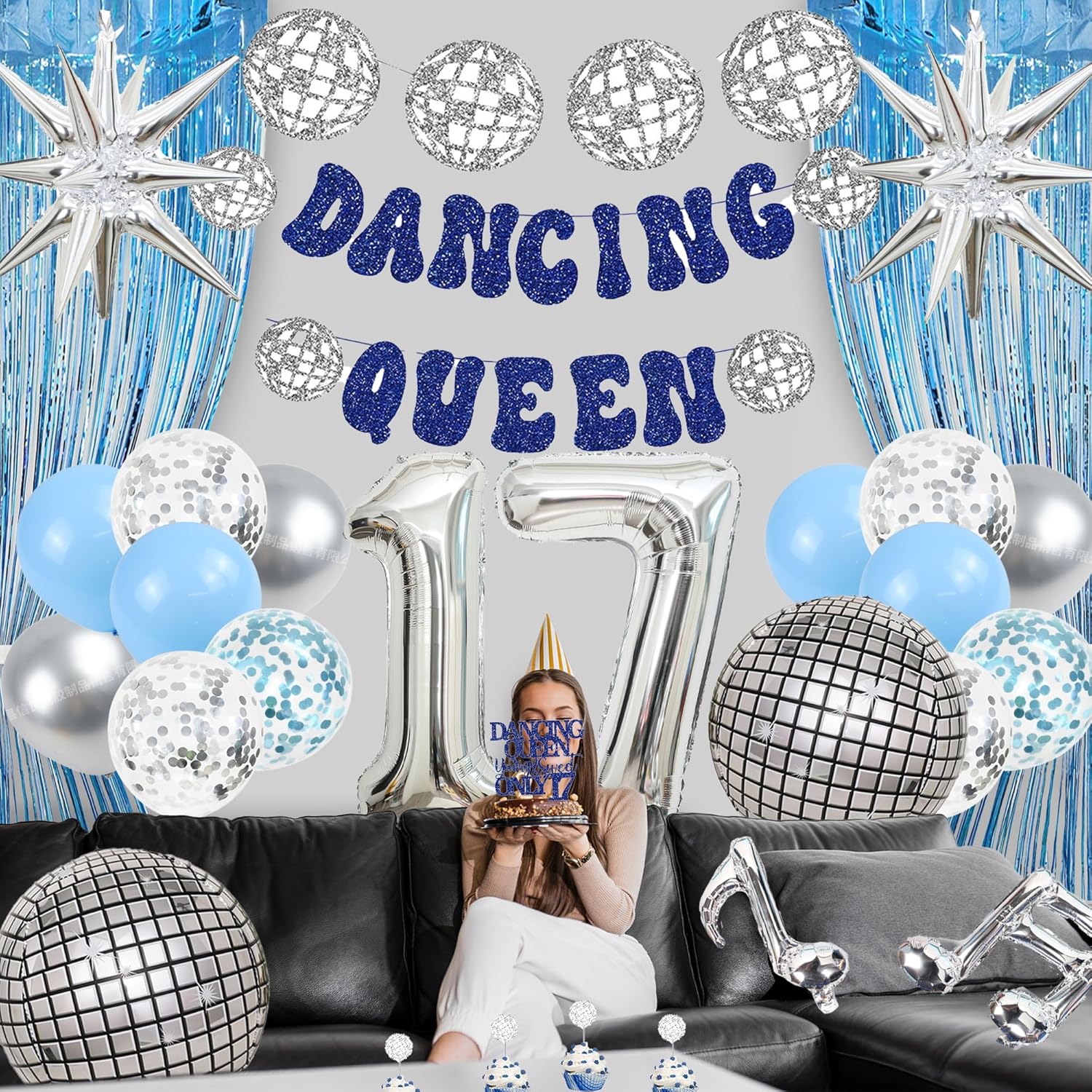 17th Birthday Decorations Balloons Girls - 30 Pcs Dancing Queen Banner Disco Balloon Explode Star Number 17 Cake Topper Pull Flag Fringe Curtains For 17th Young Sweet Girl Birthday Disco Theme Party - Image 4