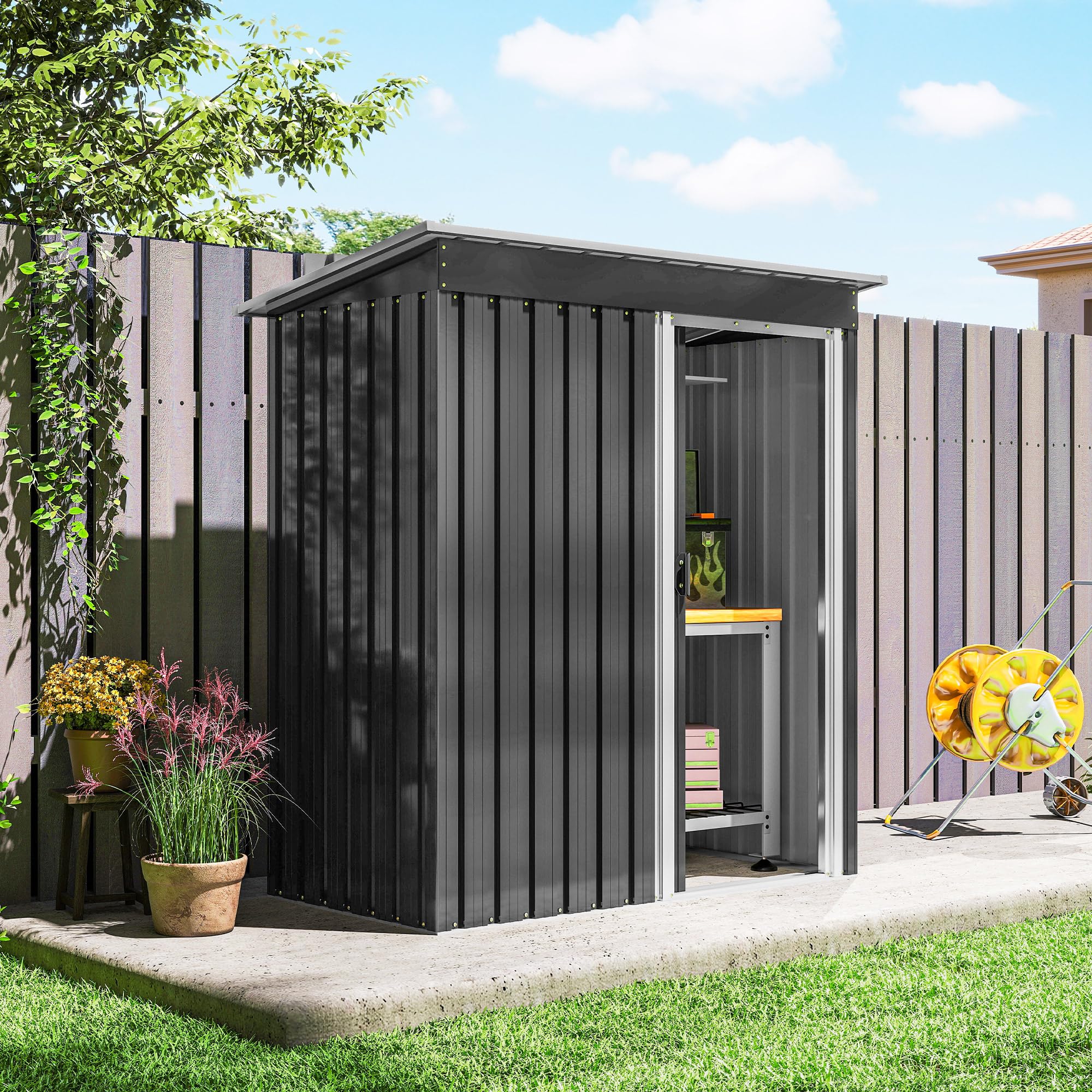 Outsunny Caseta de Jardín Exterior, 1,16 m², 163x89x182 cm, Cobertizo de Jardín Exterior Metálico con Puerta Corredera y Techo Inclinado, para Almacenamiento de Herramientas, Negro