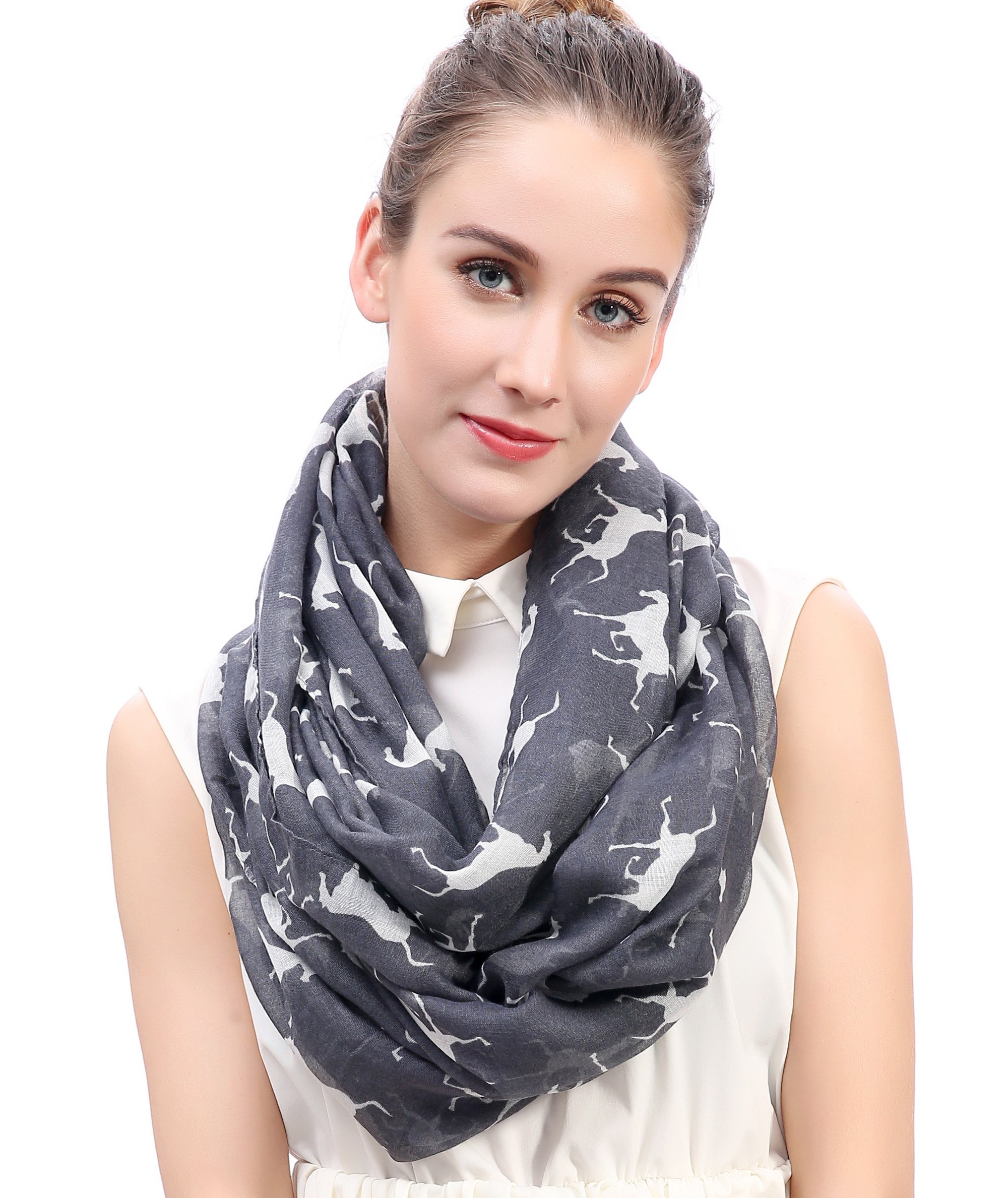 Lina & Lily Women's Grey Horse Print Lightweight Snood Infinity Scarf (Grey)