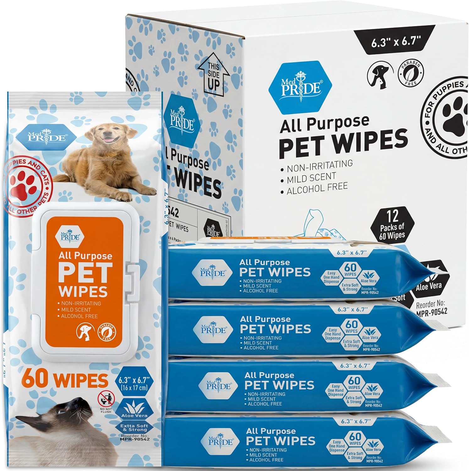 MED PRIDE Hypoallergenic Cat Wipes for Bathing and Cleaning with Aloe Vera Alcohol and Paraben-Free Extra Soft Cat Cleaning Wipes for Fur (12 Packs of 60)