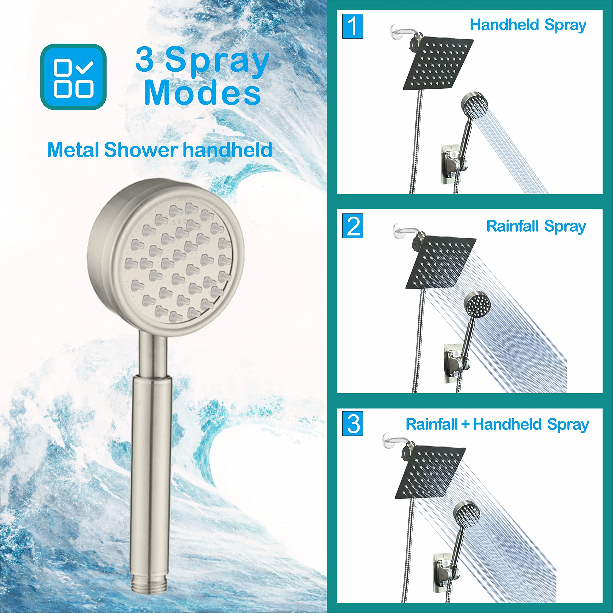 Shower Head with handheld, High Pressure 6" Rainfall Stainless Steel Shower Head/Handheld Shower with hose (Square, Chrome.)