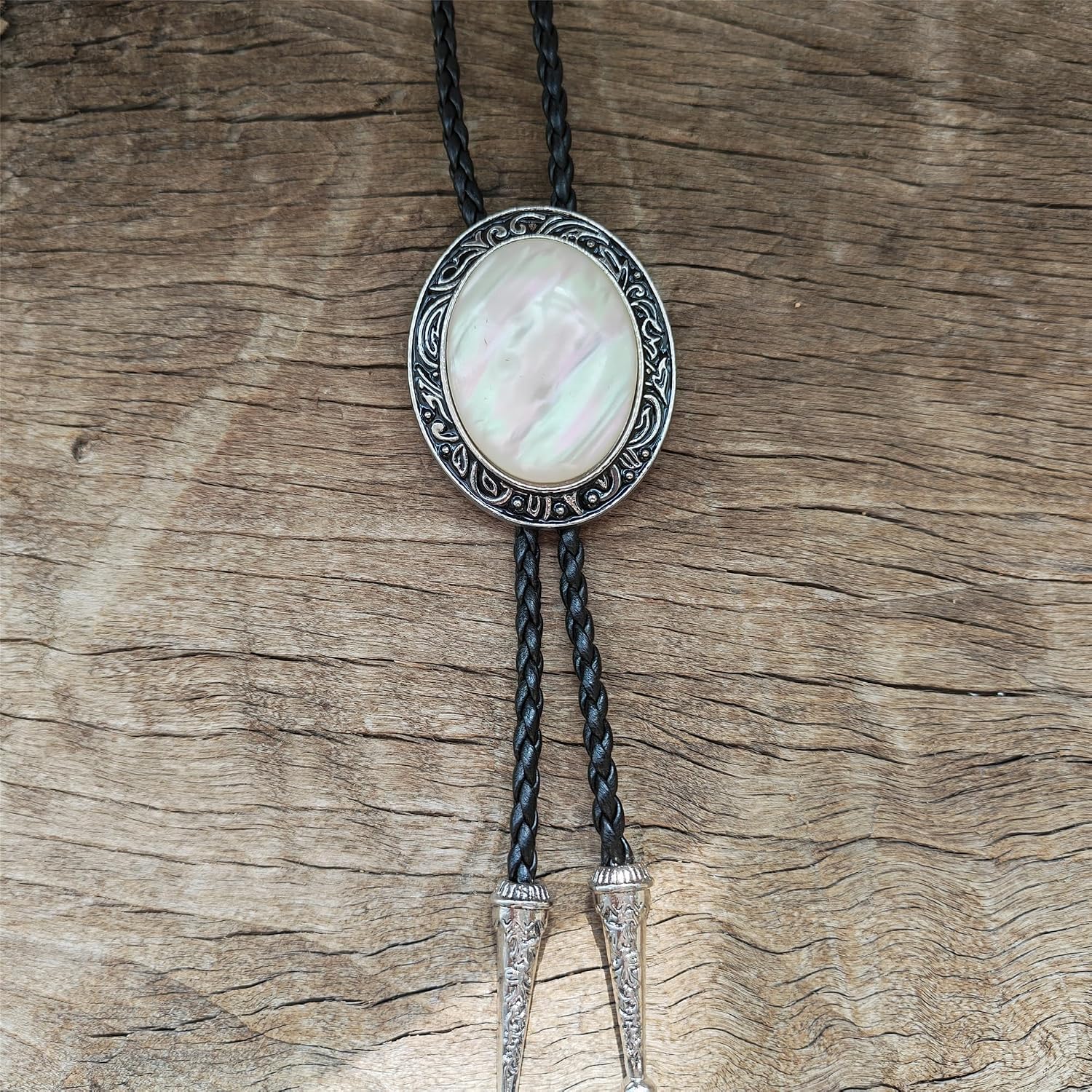 Bolo Tie for Men,Cowboy Necklace,Grass Natural Stone Bola Bolo Tie - Faux Leather Wedding Necklace(Mother of Pearl)