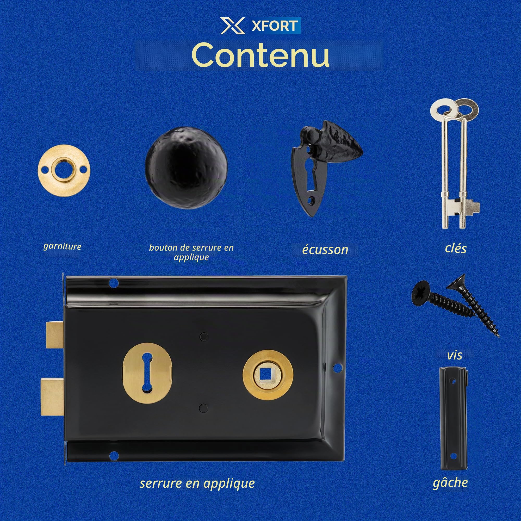 XFORT Gamme Smithy's : Ensemble de boutons de porte en forme de boule, noir antique, comprenant un verrou, une poignée de porte 'bouton' et un cache serrure.