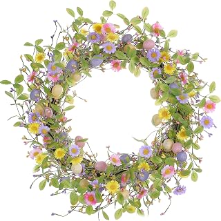 Easter Wreath 20" Easter Wreaths for Front Door Artificial Egg Wreath with Daisy Flower Green Leaves for Indoor Outdoor Home Decor