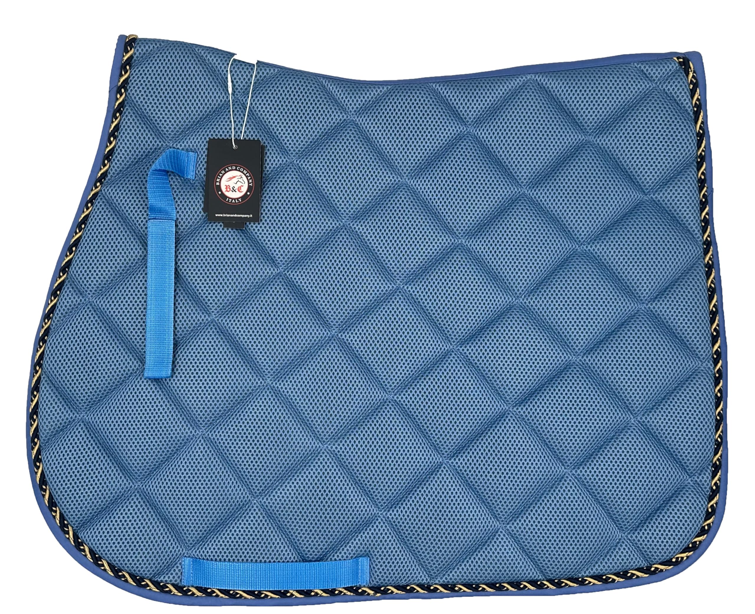 Sottosella Equitazione Traspirante, Lacci di Posizionamento con Chiusura a Strappo, Bordatura Elegante in Cordina Inglese, Completo di Cuffia Coordinata (AZZURRO, FULL)