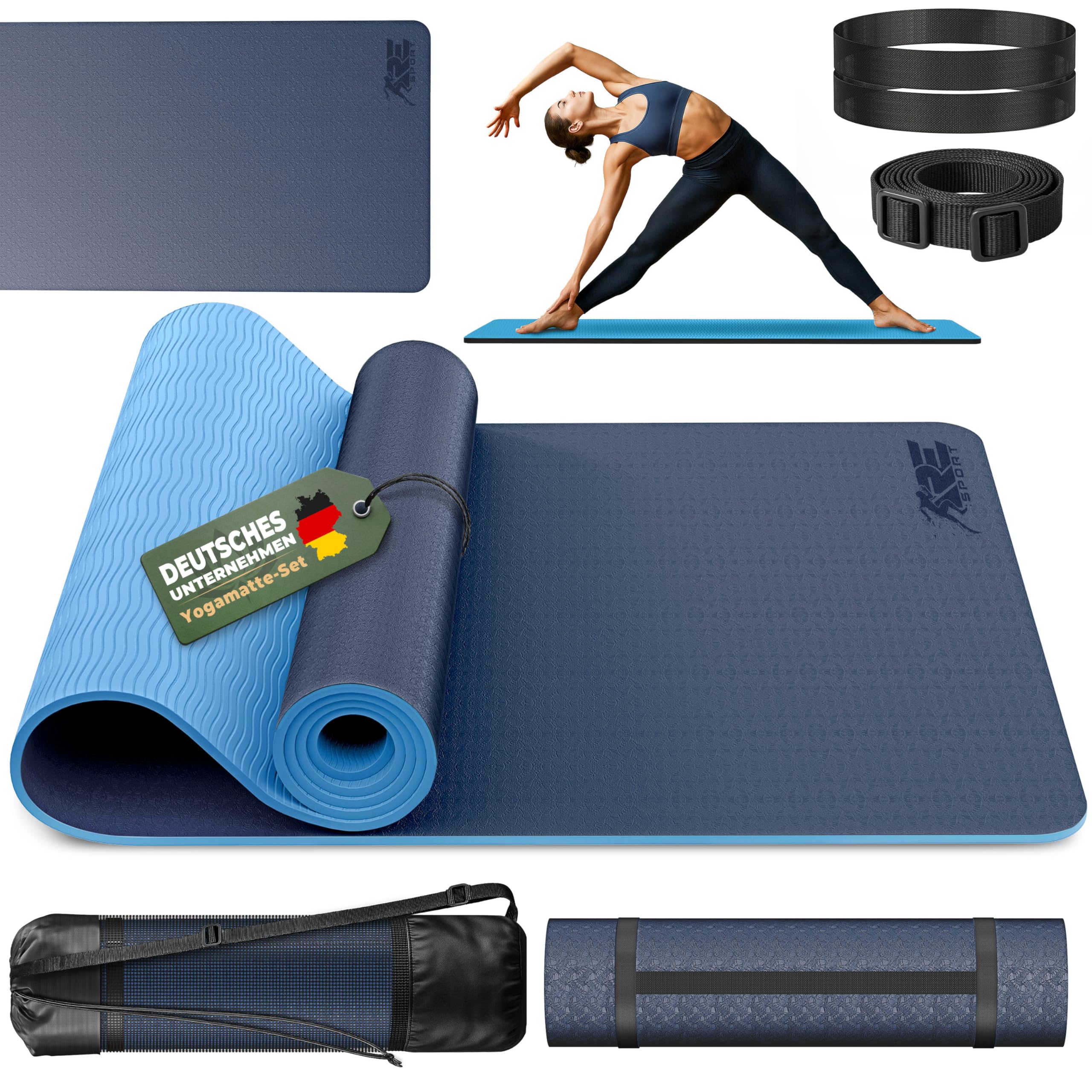 RE:SPORT Yogamatte Phthalatfrei | Gymnastikmatte rutschfest | Fitnessmatte schadstofffrei | Trainingsmatte mit Tragegurt Phthalatfrei 183 x 61 x 0,6 cm