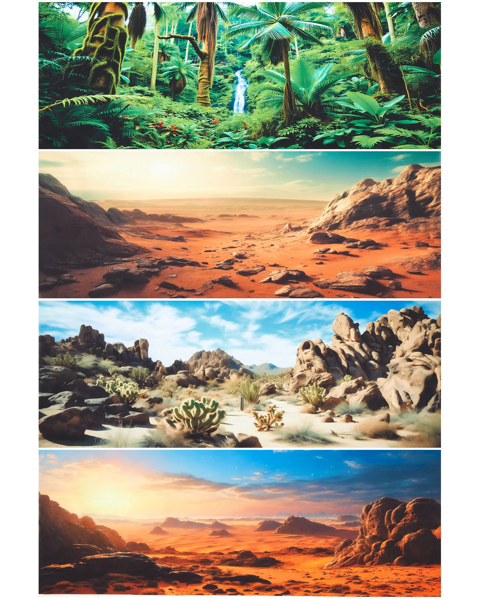 Breling 4 Pcs 48 x 18 Inch Reptile Habitat Background with Nano Glue Gobi Sun Cactus Stone and Green Tree Fern Stream Terrarium Background Polyester