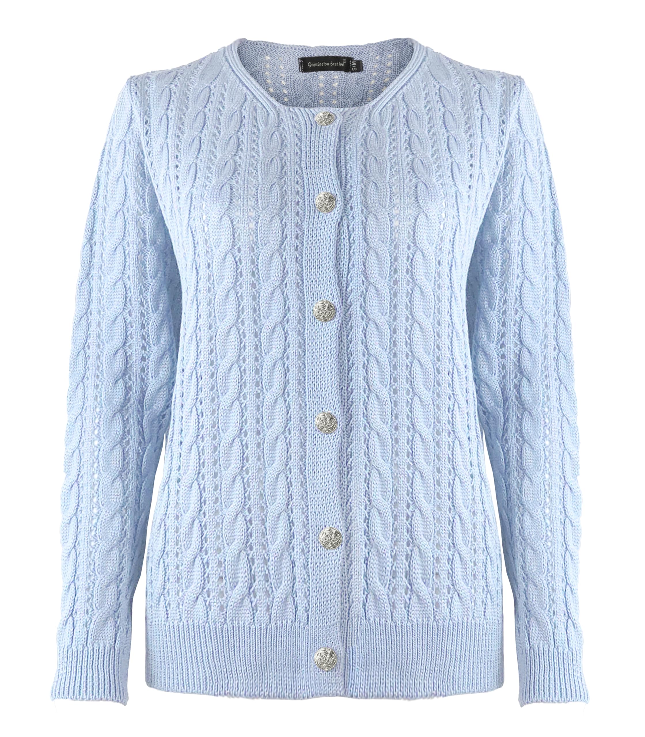 New Ladies Women Knitted Long Sleeve Cable Knit Button Cardigan Long Sleeve Top Sweater Jumper [Sky,SM]