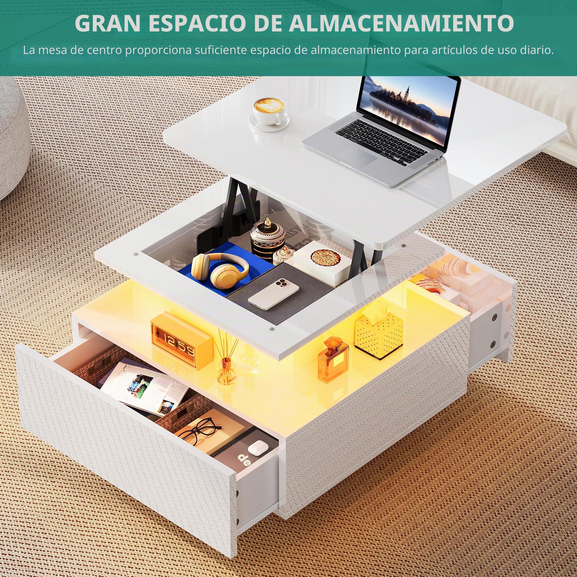YITAHOME Mesa de Centro Brillante Modernas con LED de 16 Colores, 60x60x45cm Mesa Centro Elevable con 2 Cajones, Adecuado para Salas de Estar y Apartamentos
