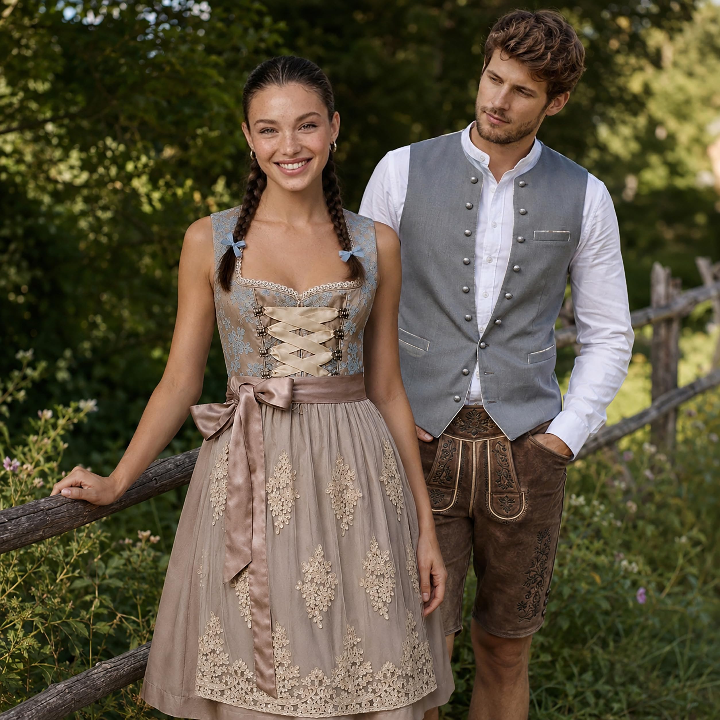 Alte Liebe Dirndl Damen Midi Lang Dirndl Trachtenkleid Trachtenrock Dirndl-Set Trachtenmode Trachten Damen mit 2tlg Dirndl Spitzen Schürze Oktoberfest Dirndlkleid Gold