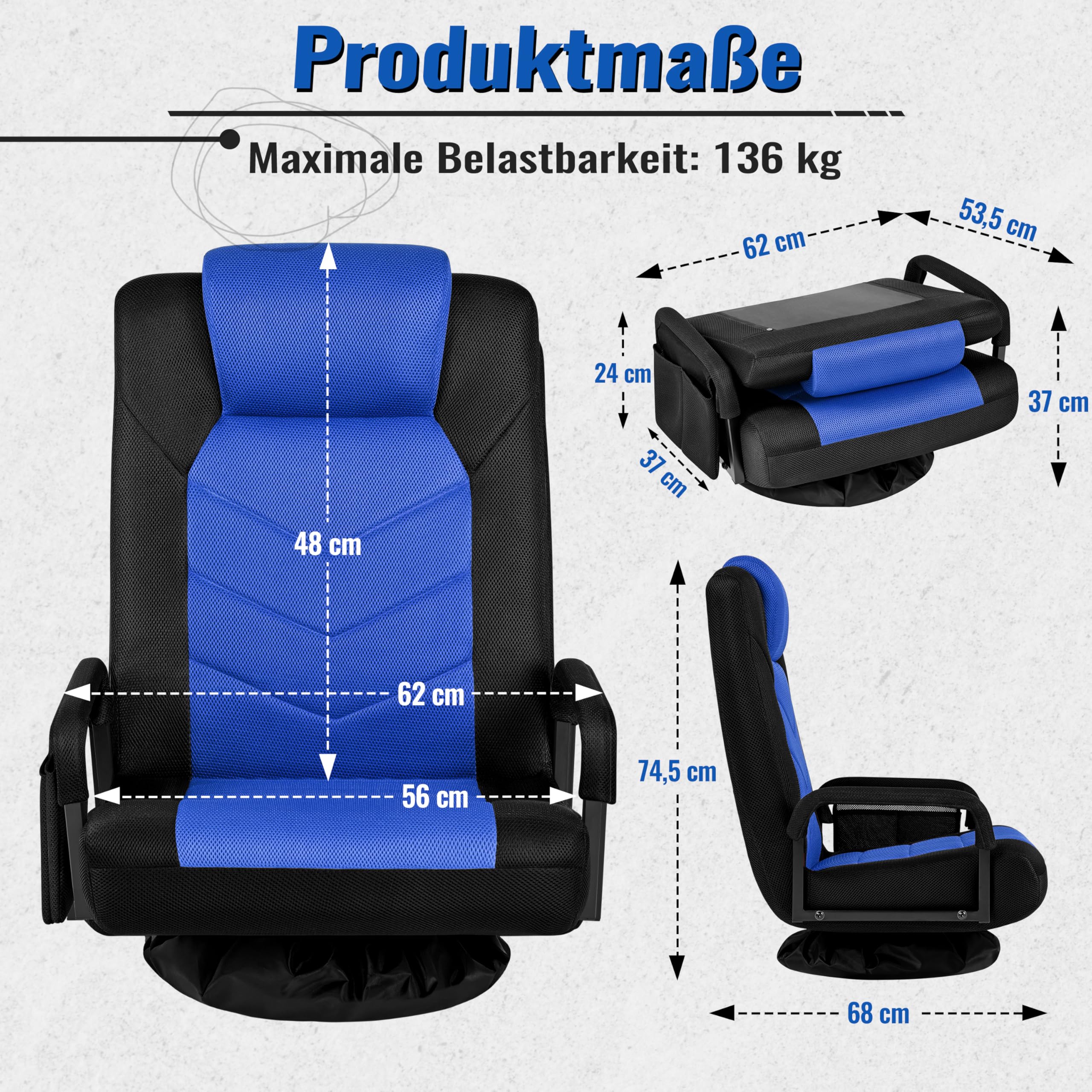Yaheetech Bodenstuhl 360° Drehbar, Bodensessel 6-stufig Verstellbar, Klappbarer Boden Gaming Stuhl mit Armlehne & Praktischer Tasche, Bodensofa für Wohnzimmer/Schlafzimmer/Büro, Schwarz & Blau