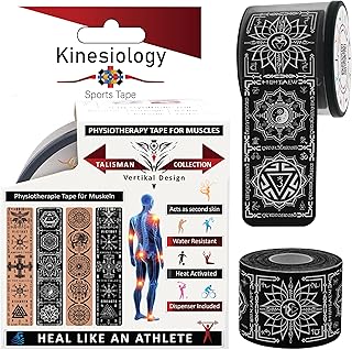 Cinta de kinesiología precortada con dispensador, cinta muscular deportiva vertical de chakras, color negro, 5 m, 20 tiras, cinta de fisioterapia para cara, espalda, codo, rodilla y tobillo