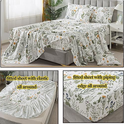 Miniatura 6 de FADFAY Sábanas 100% de algodón egipcio, estampado botánico de flores amarillas y hojas, ropa de cama de granja transpirable, juego de sábanas de 4