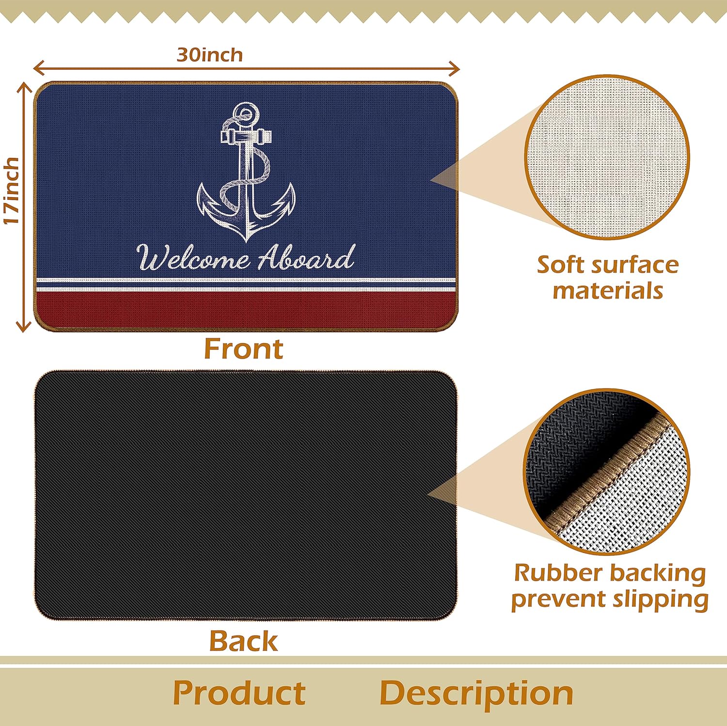 Nautical Nary Anchor Welcome Aboard Kitchen Doormats Indoor Outdoor for Nautical Decor Entrance Home,Nautical Anchor Welcome Aboard Non-Slip Door Mat Mats Indoor Outdoor Entrance (17x30inch)