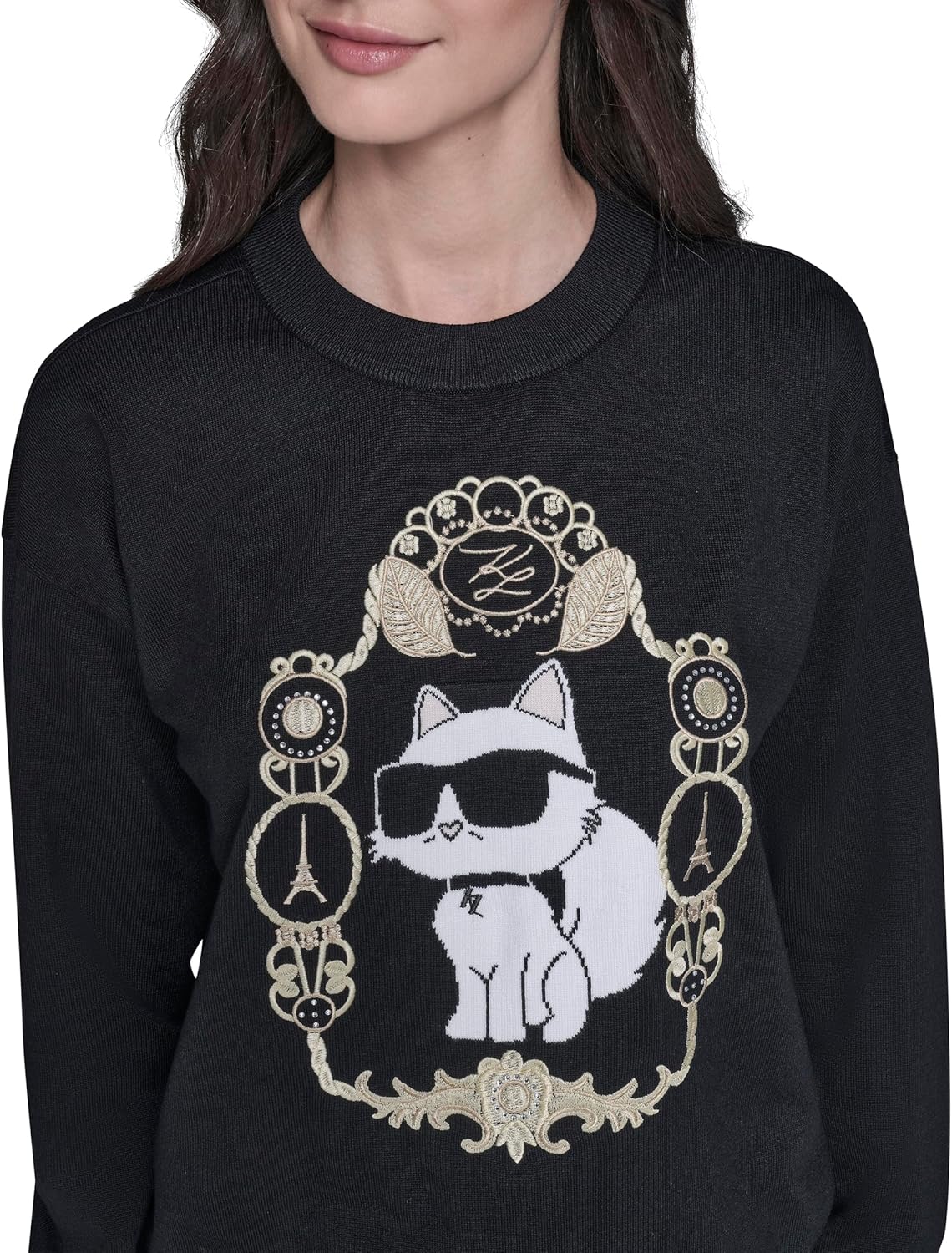 KARL LAGERFELD womens Long Sleeve Crew Neck Choupette Baroque Sweater - Image 5