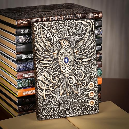 Miniatura 6 de Diario sin forro  Cuaderno de tapa dura con patrón de arte en relieve 3D de latón Phoenix para hombres y mujeres, cuaderno de bocetos en blanco A5