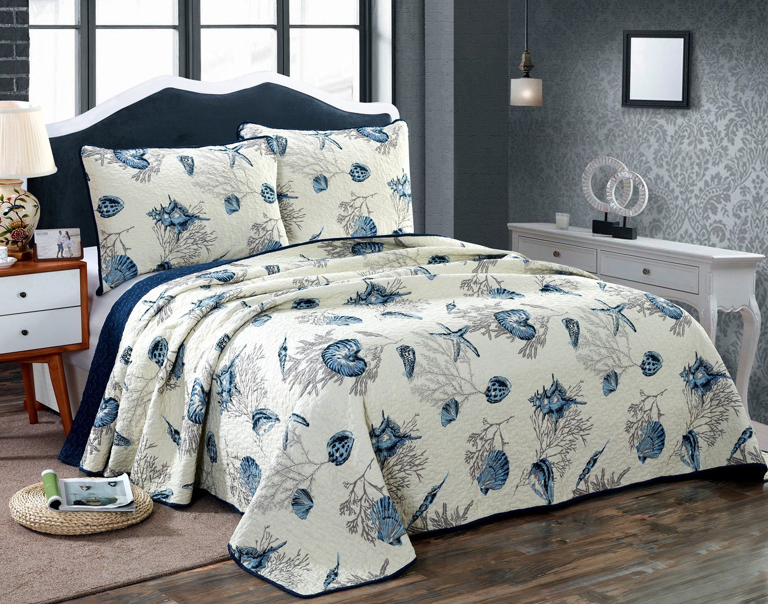 Comforbed Qucover 3-Pieces Blue Shell Starfish Beach Theme Quilts King Size, Cotton Bedspreads King All Seasons, Coastal Bedding Quilts King Size 98x106 Inch