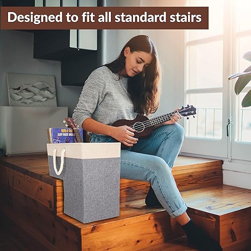 Vista 19 de SAM AND MABEL Cesta de escalera con hermosas asas de cuero sintético, cestas de escalera de fieltro duraderas para escaleras de moqueta y madera