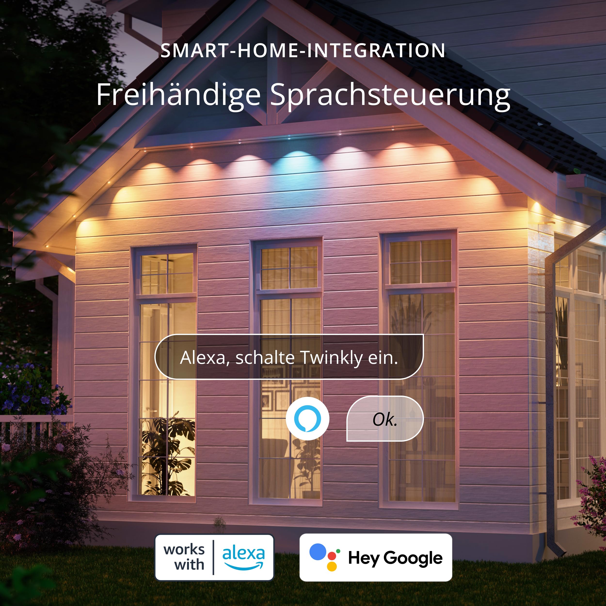 Twinkly Permanente Beleuchtung mit 72 RGB-LEDs, LED-Lichtstreifen für den Außenbereich, Smarte Mehrfarbige LED-Lichter, Kompatibel mit Alexa und Google Home, IP65, App-Steuerung, Weißes Kabel, 30 m