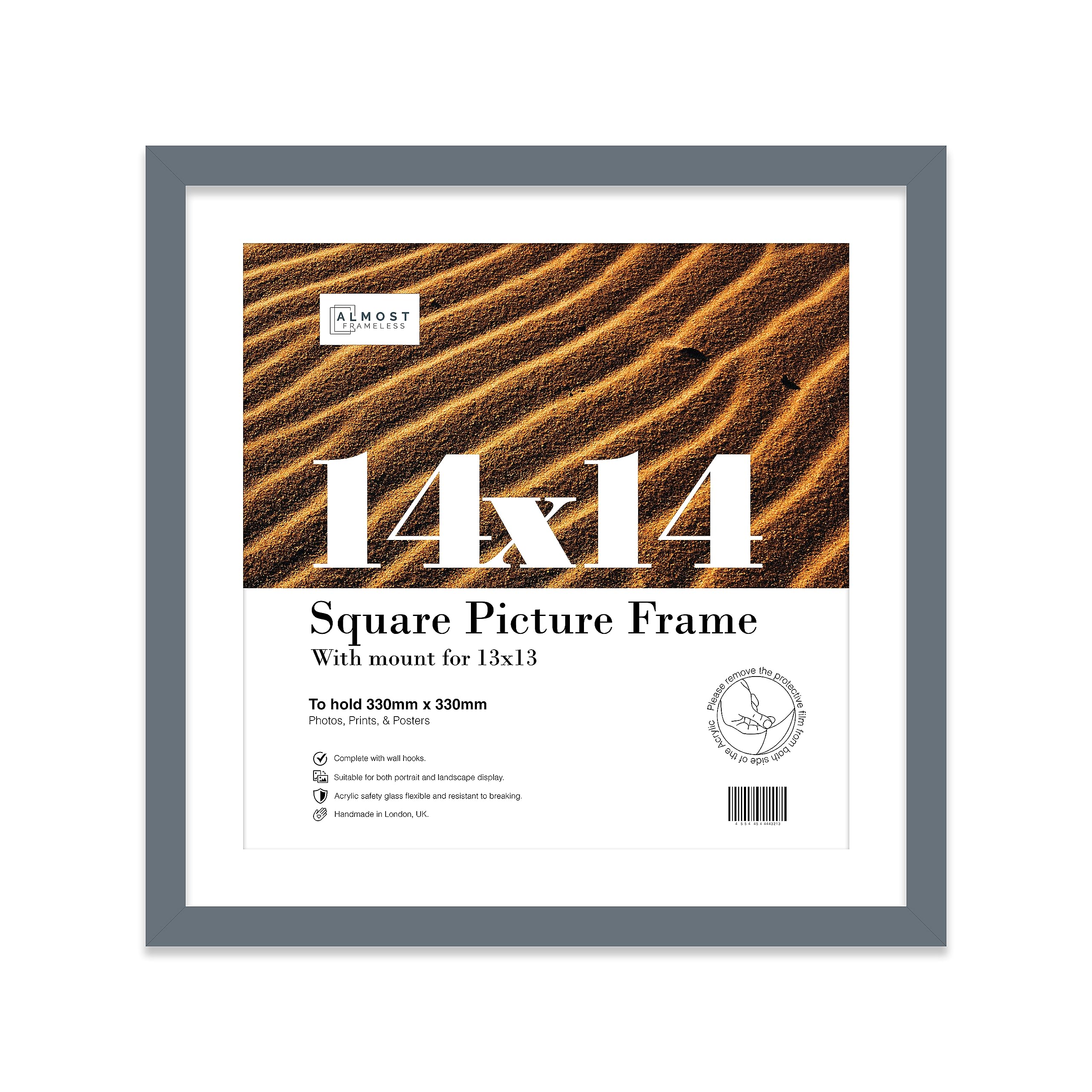 Almost Frameless 14x14 Picture Frame, Display Pictures 13x13 With Mat or 14x14 Without Mat, Wall Hanging Photo Frame, Grey, 1 Pack