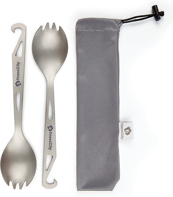 Titanium Spork (Spoon Fork) With Bottle Opener Extra Strong Ultra Lightweight, Healthy & Eco-Friendly Spoon, Fork & Bottle Opener for Travel/ Camping in Easy to Store Cloth Case (Silver Spork 2 Unit)
