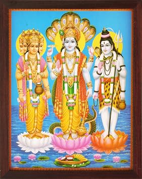 Handicraft Store Shiva Brahma with Vishnu and Shiva in Sea Giving Blessings, A Elegant Poster Painting with Frame for Hindu Religious Worship