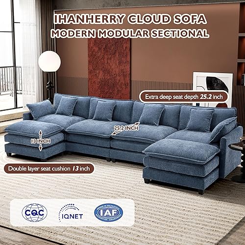 Miniatura 3 de Ihanherry 146" U-Shaped Modern Sofa Modular Sectional Cloud Couch with 2 Ottoman, 6-Seat Chenille Deep Seat Sofa with 6 Pillows for Living Room,