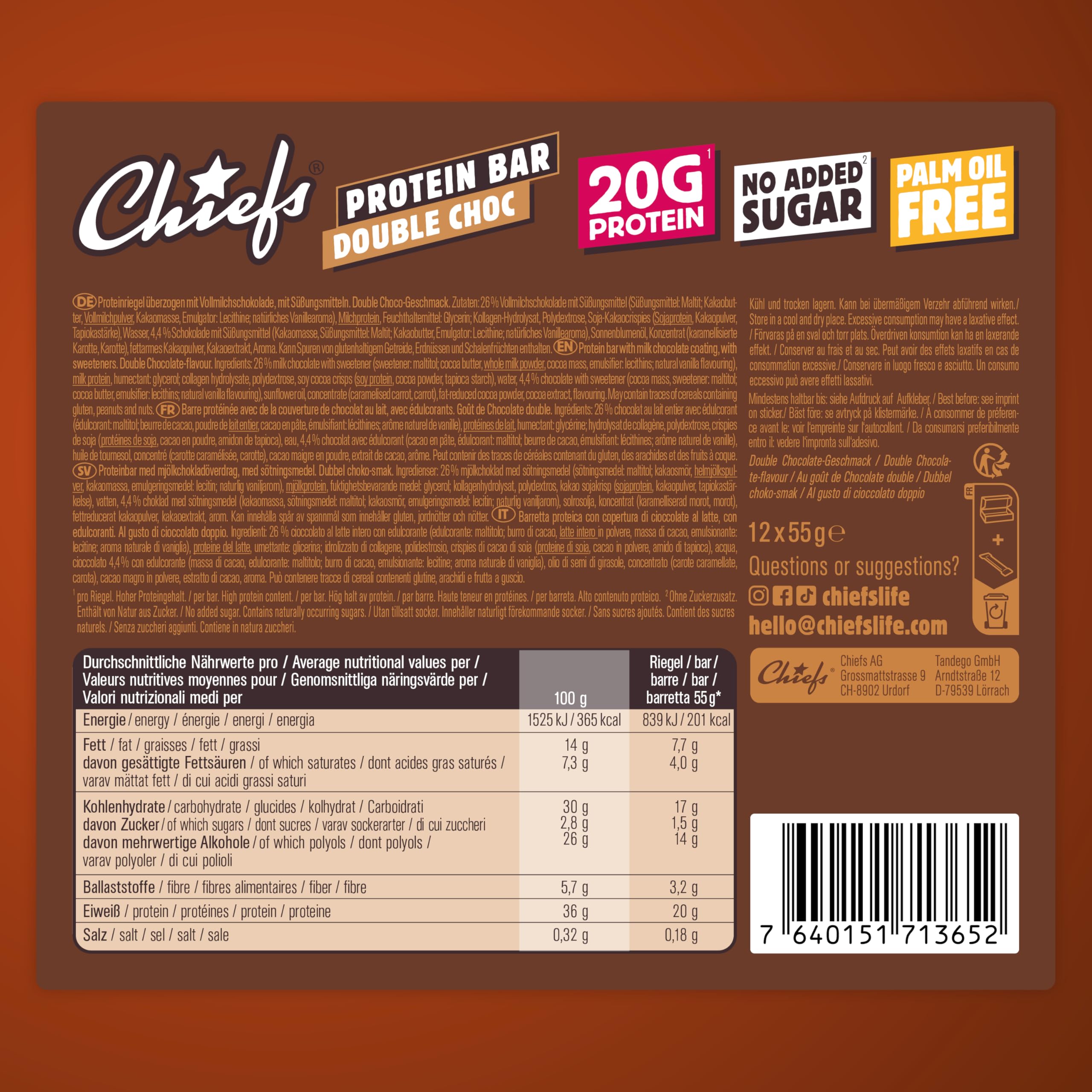 Chiefs Protein Bar (Double Choc) • Barre protéinée premium avec 20g de protéines & 201 kcal par barre • Sans sucre ajouté • Barre protéinée low sugar • Goût de chocolat • Pack de 12 (12 x 55g)