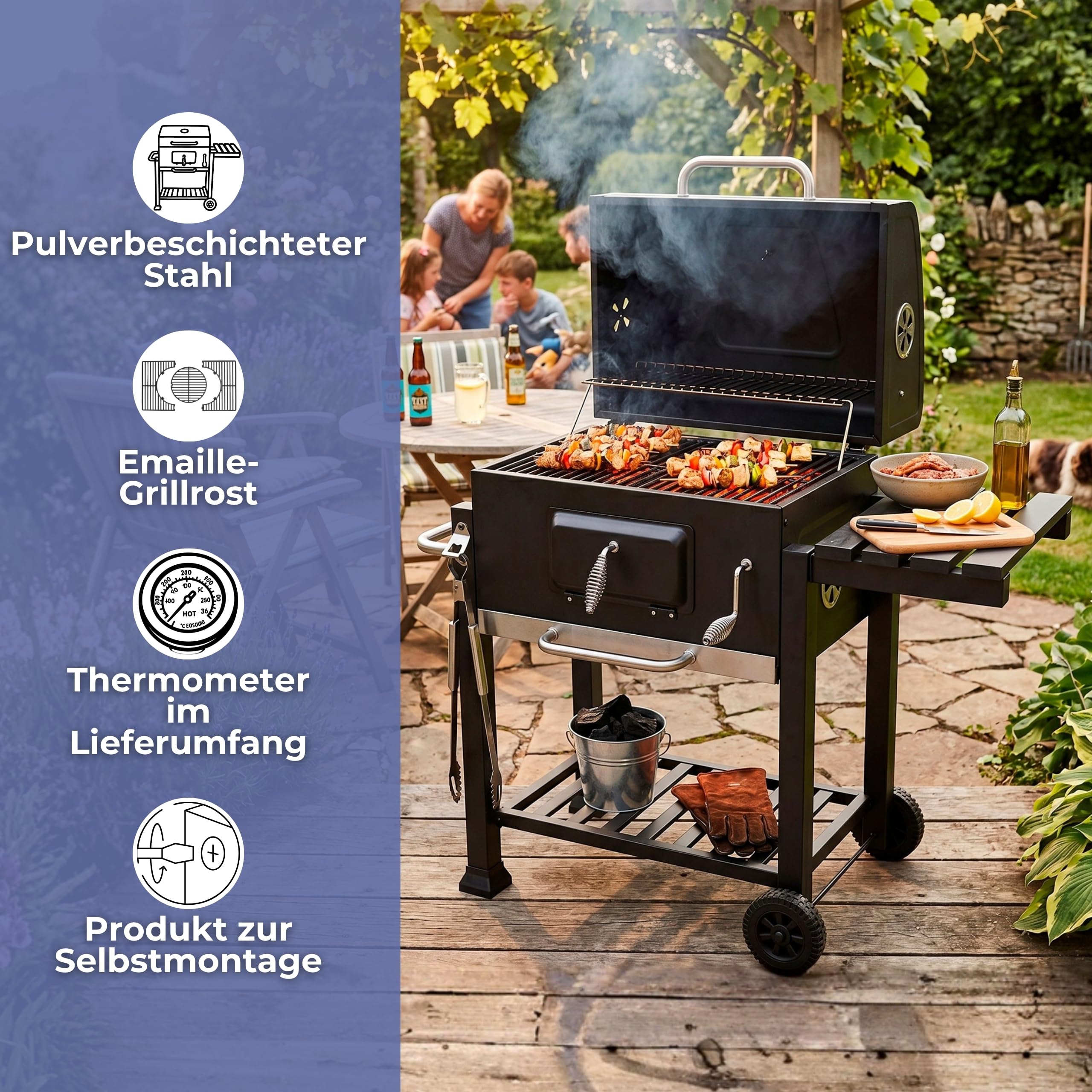 Holzkohlegrill Grillwagen BBQ Smoker mit Deckel Thermometer Höhenverstellbarer Kohlerost Fahrbarer Gartengrill mit Ablagen Flaschenöffner Rollen Camping SPRINGOS