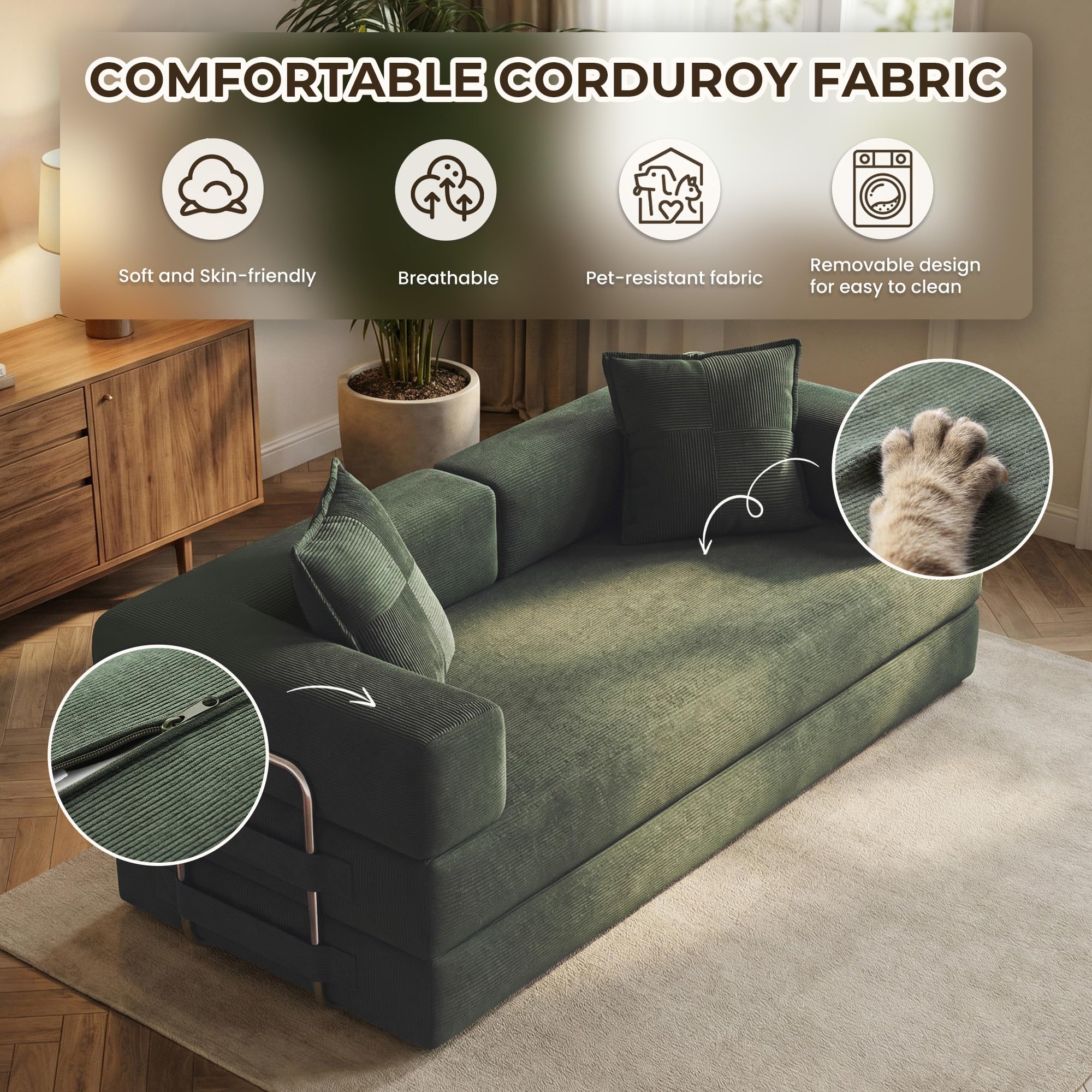 GRUSIGN 78 Inch Convertible Sofa Bed, 5-in-1 Futon Sofa Bed Pull Out Couch, Boneless Couch Bed for Living Room, Corduroy Boneless Couches for Bedroom, Apartment, No Assembly Sleeper Sofa Bed, Green