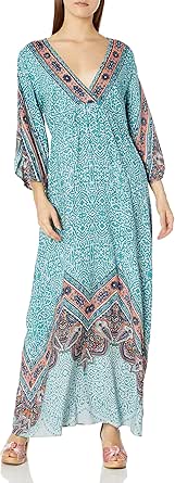 Amazon.com: Angie Vestido largo de manga acampanada con estampado azul ...
