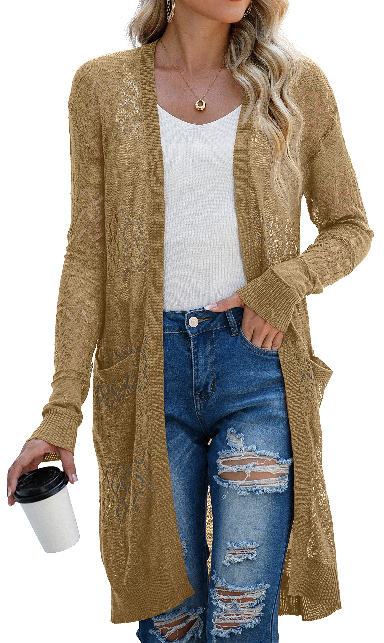 GRECERELLE Strickjacke Damen Sommer Lang Cardigan Langärmelig Lochmuster Strandjacke Leicht Dünne Vorne Offen Cover Up (Khaki, L)
