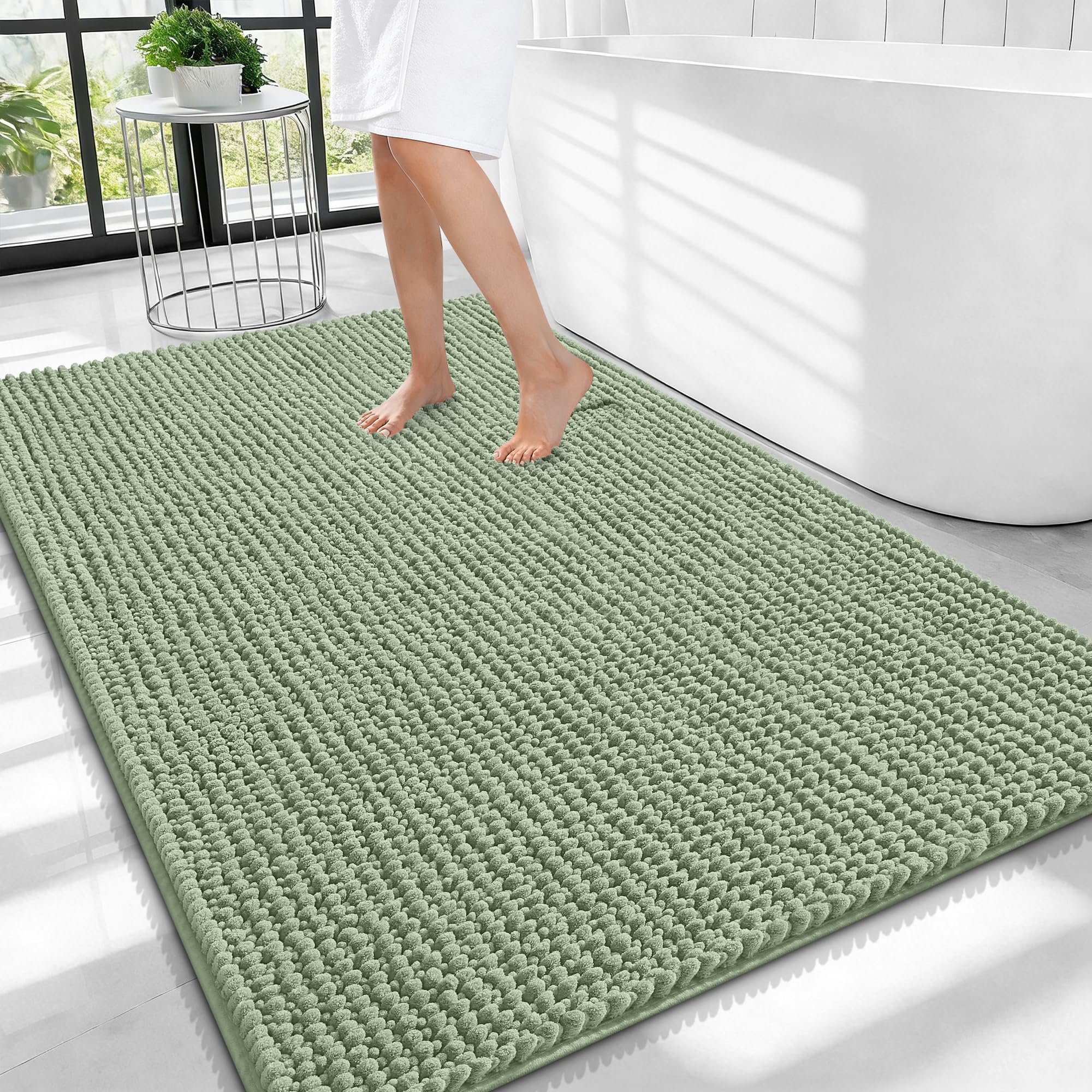 OLANLY Thick Chenille Large Bathroom Rugs Mats 40x32, Sage Green