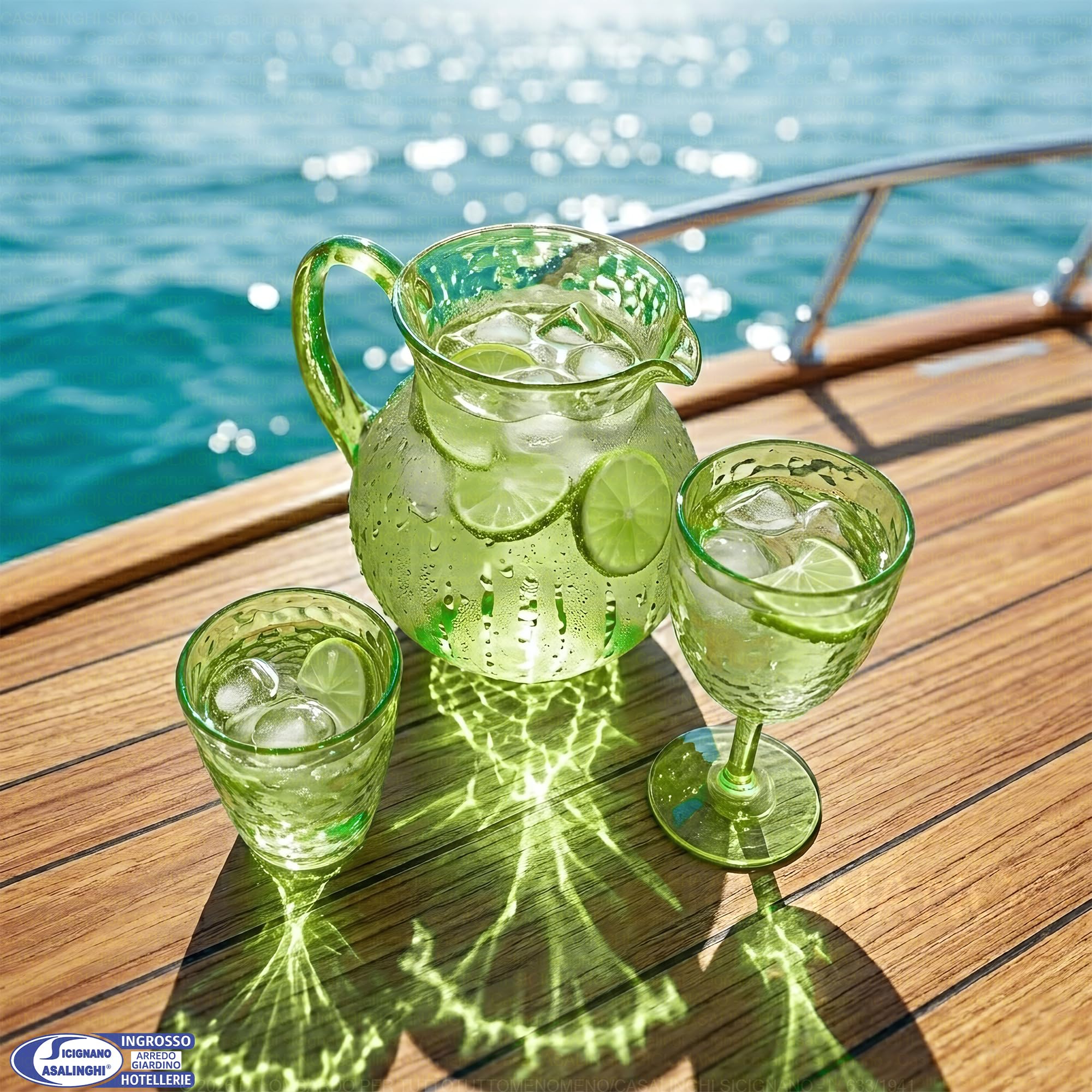 Sicignano Servizio per 6 Persone Caraffa e Calici 430ml in Acrilico Martellato, Set Colore Verde, Vetro Infrangibile