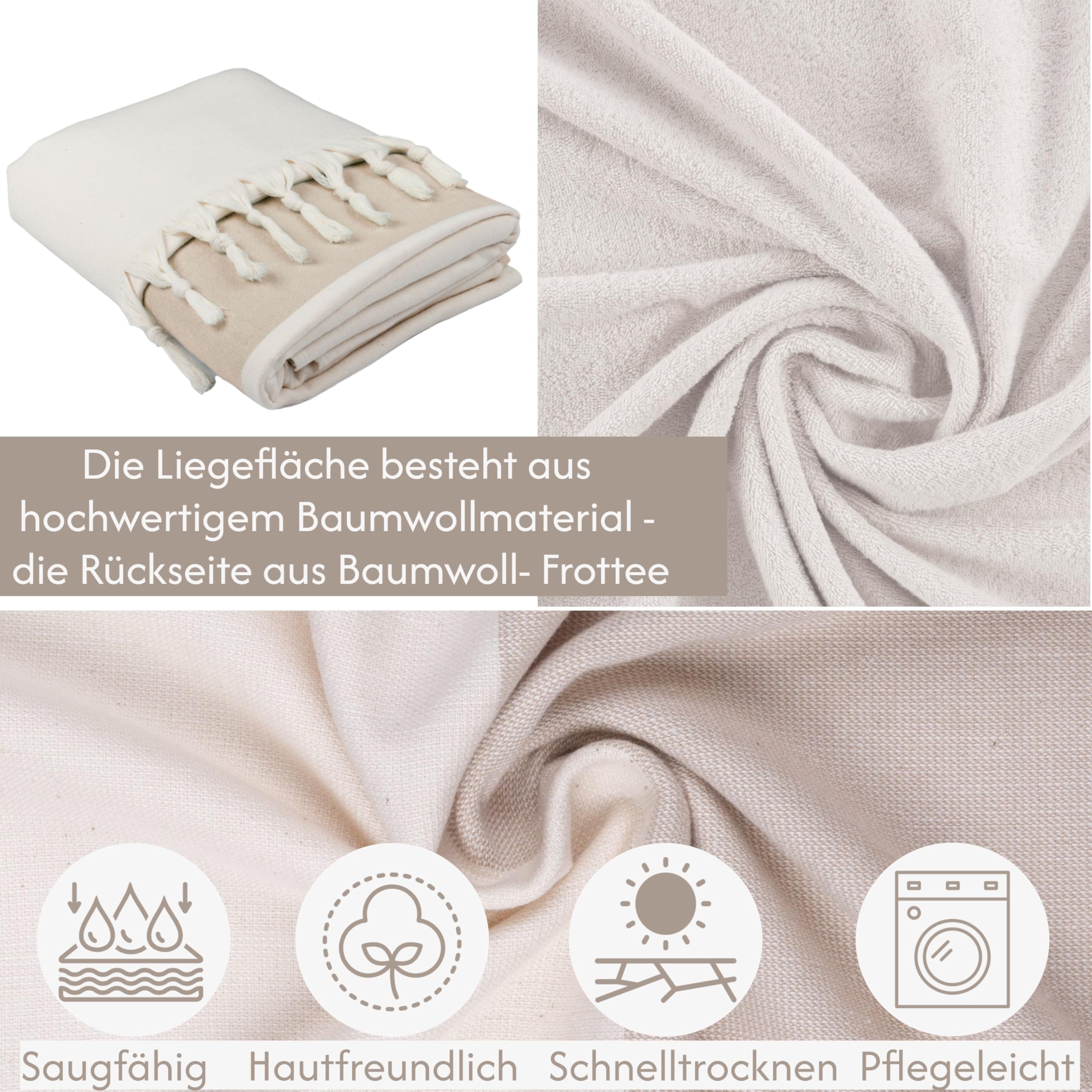 Handtuch für Sonnenliege 200x70cm - mit Kapuze 100% Baumwolle Schonbezug für Gartenliege Liegenhandtuch mit Umschlag Liegestuhl Bezug Liege Strandliege (Braun/Natur)