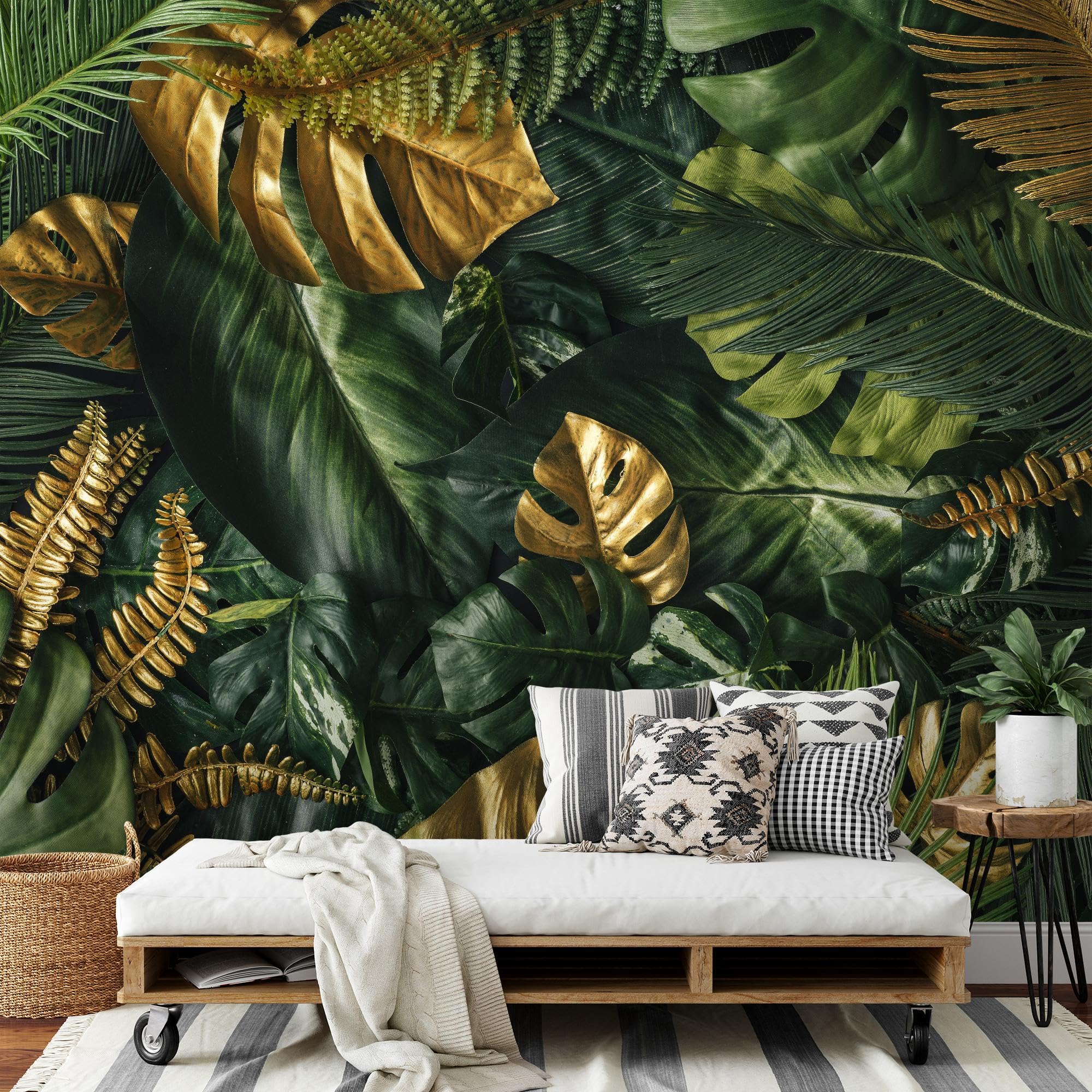 Runa Art Carta da parati fotografica foglie tropicali Monstera 352 x 250 cm Vello Sfondo Murale XXL Moderne Decorazione Soggiorno Camera De Letto Sala Ufficio oro verde 9591011a